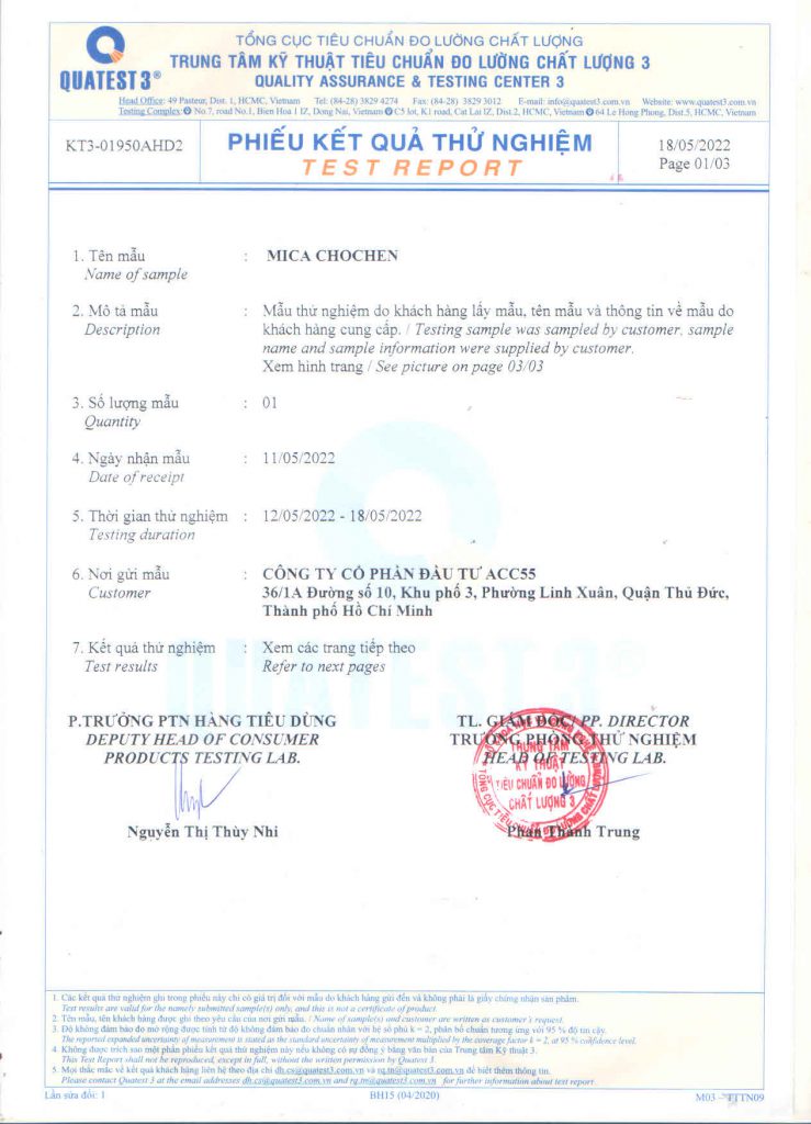 Phiếu kết quả thử nghiệm kiểm định chất lượng Mica CHOCHEN tại QUATEST 3 của ACC55